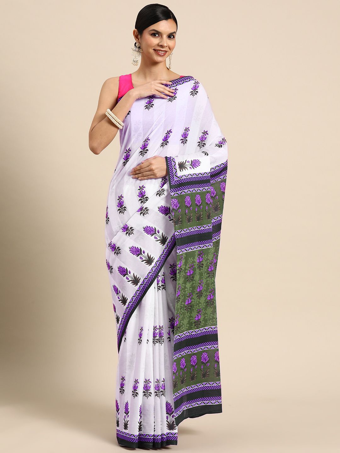 

BUTA BUTI Floral Printed Pure Cotton Saree, Purple