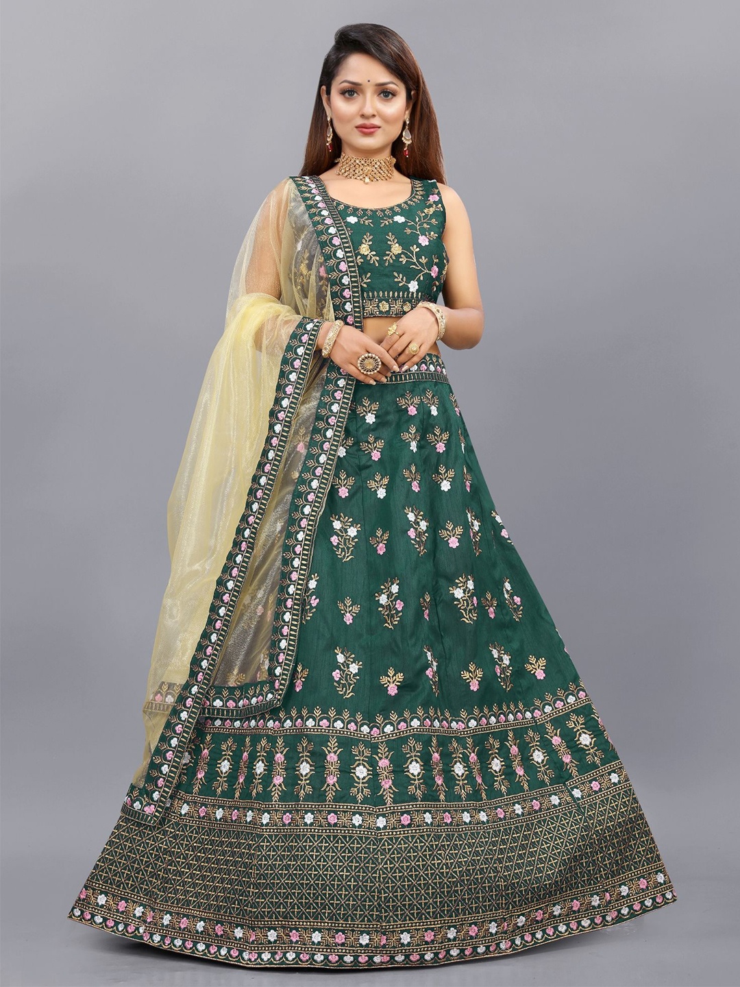 

APNISHA Embroidered Semi Stitched Lehenga & Unstitched Blouse With Dupatta, Green