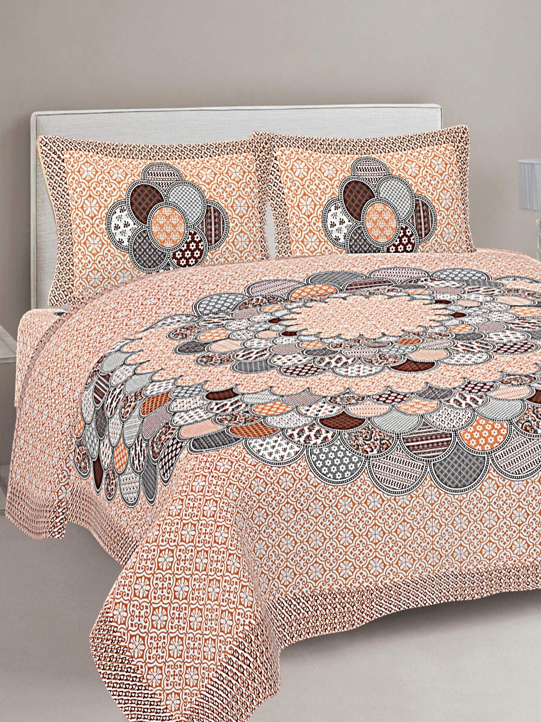 

FrionKandy Living Orange Printed Cotton 180 TC King Bedsheet With 2 Pillow Covers
