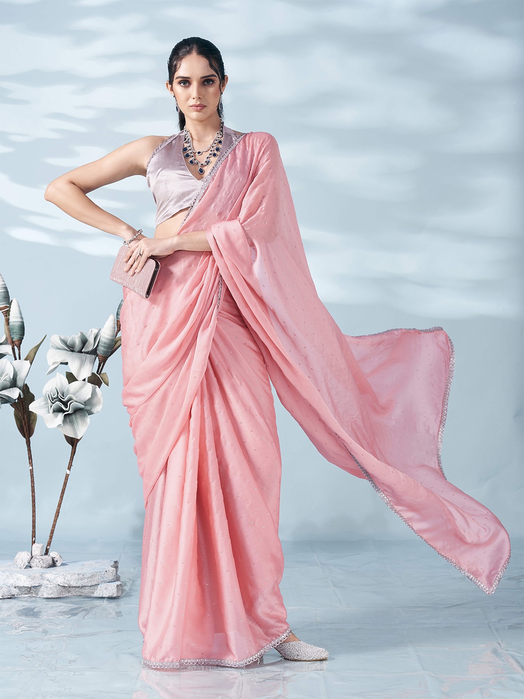 

Tikhi Imli Embellished Foil Printed Satin Saree, Peach
