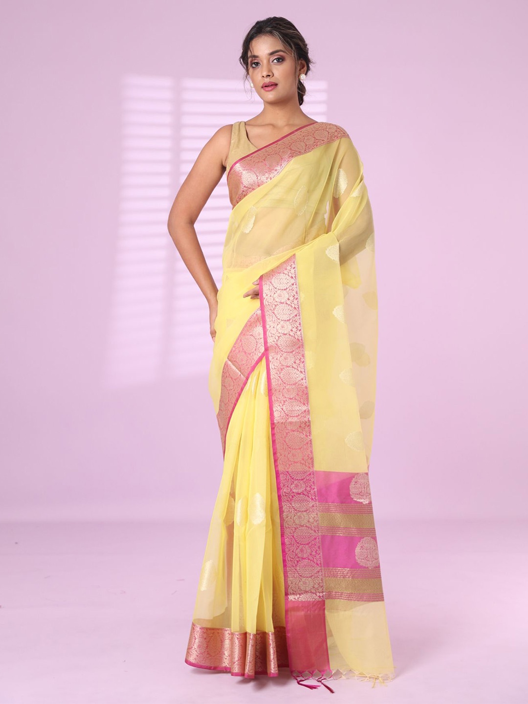 

Charukriti Woven Design Zari Organza Saree, Yellow