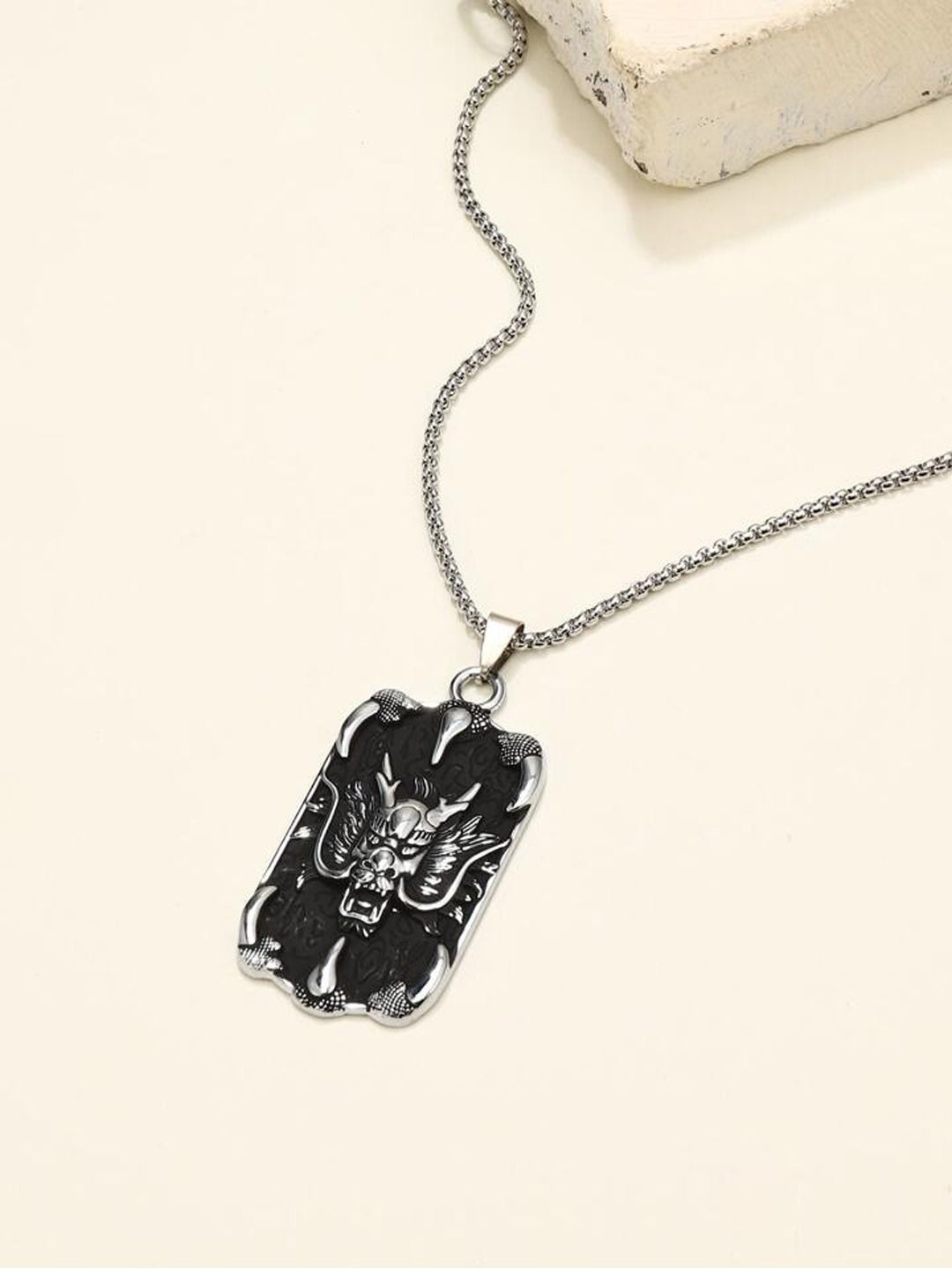 

Krelin Men Silver-Plated Stainless Steel Square-Shaped Pendant With Chain