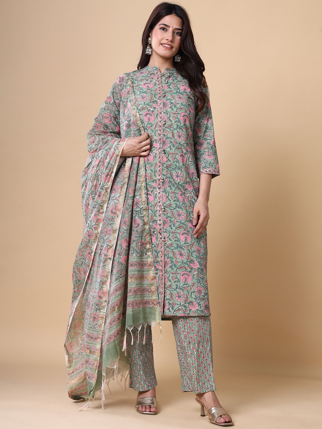 

VASVI Floral Printed Pure Cotton Straight Kurta & Palazzos With Dupatta, Green