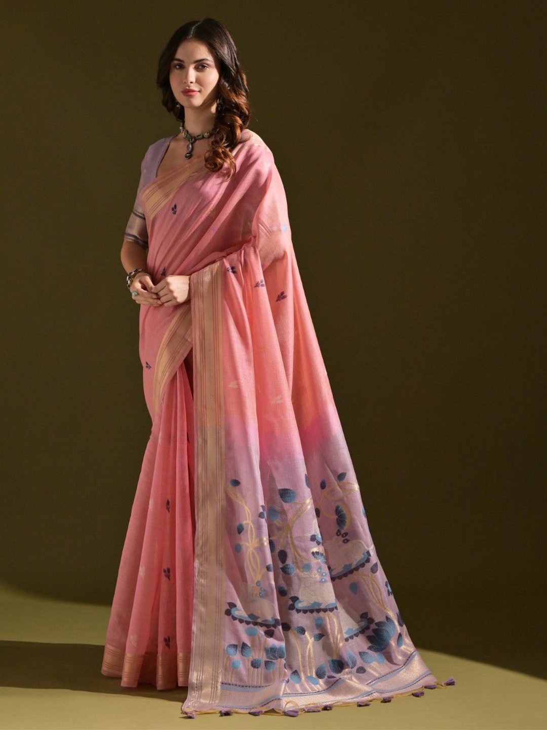 

VISHNU WEAVES Woven Design Zari Pure Cotton Muga Saree, Pink