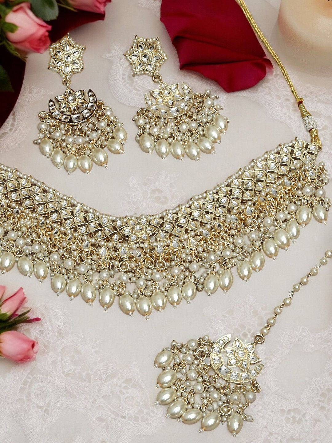 

House of Pataudi Kundan Stone Studded & Beaded Jewellery Set, Gold