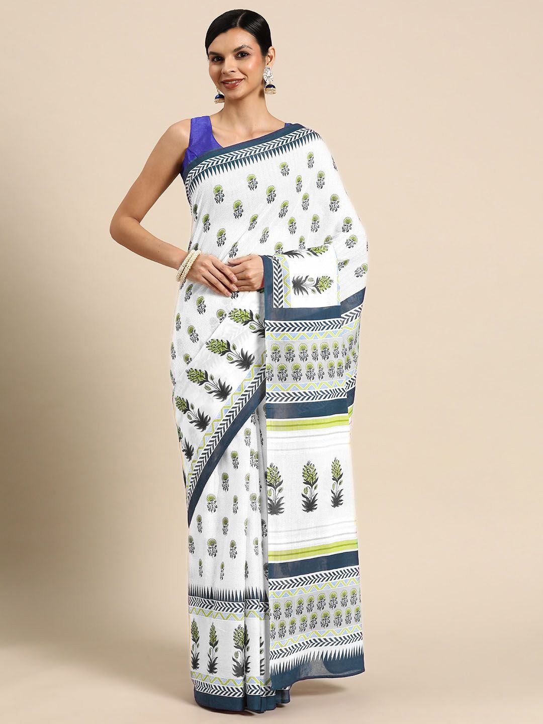 

BUTA BUTI Ethnic Motifs Printed Pure Cotton Saree, White