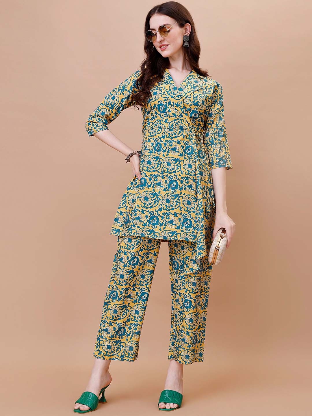

KALINI Floral Printed Angrakha Silk Crepe Anarkali Kurti With Palazzos, Yellow