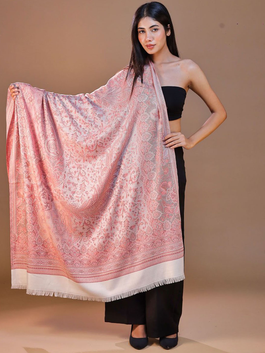 

SWI Stylish Floral Woven Design Jamawar Wool Shawl, White