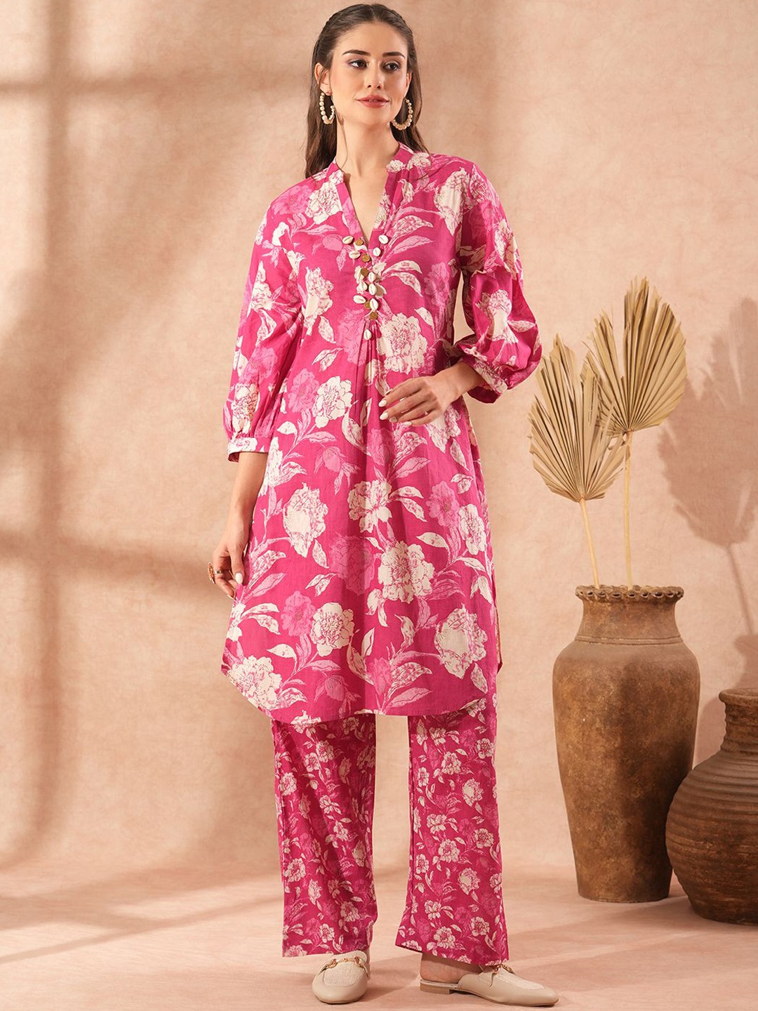 

FASHOR Floral Printed Beads And Stones Pure Cotton A-Line Kurta With Palazzos, Pink