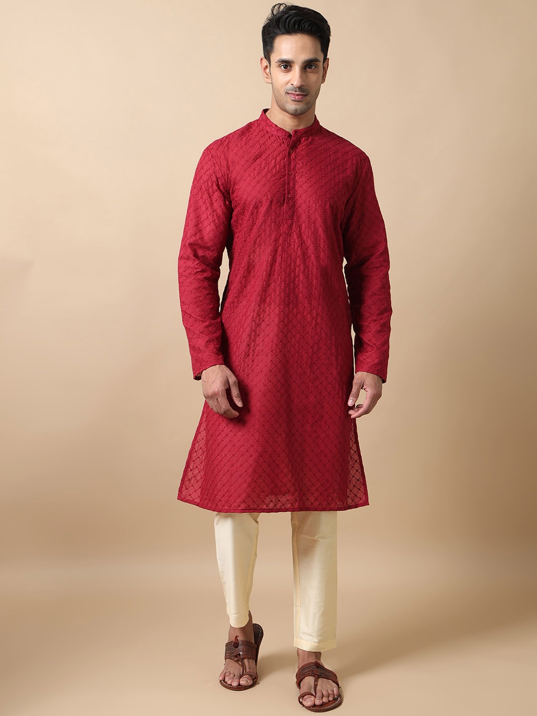 

FILORI Geometric Embroidered Regular Thread Work Pure Cotton Kurta With Pyjama, Maroon