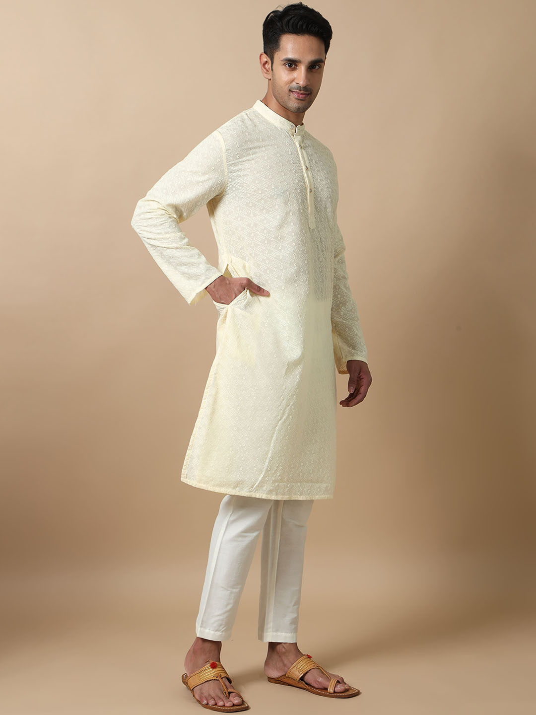 

FILORI Geometric Embroidered Thread Work Pure Cotton Straight Kurta with Pyjamas, Cream