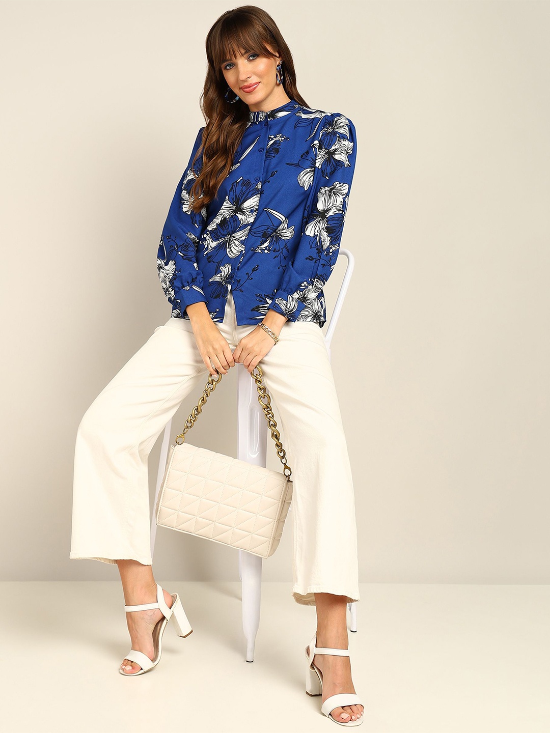 

Murcia Women Band Collar Floral Printed Casual Shirt, Blue