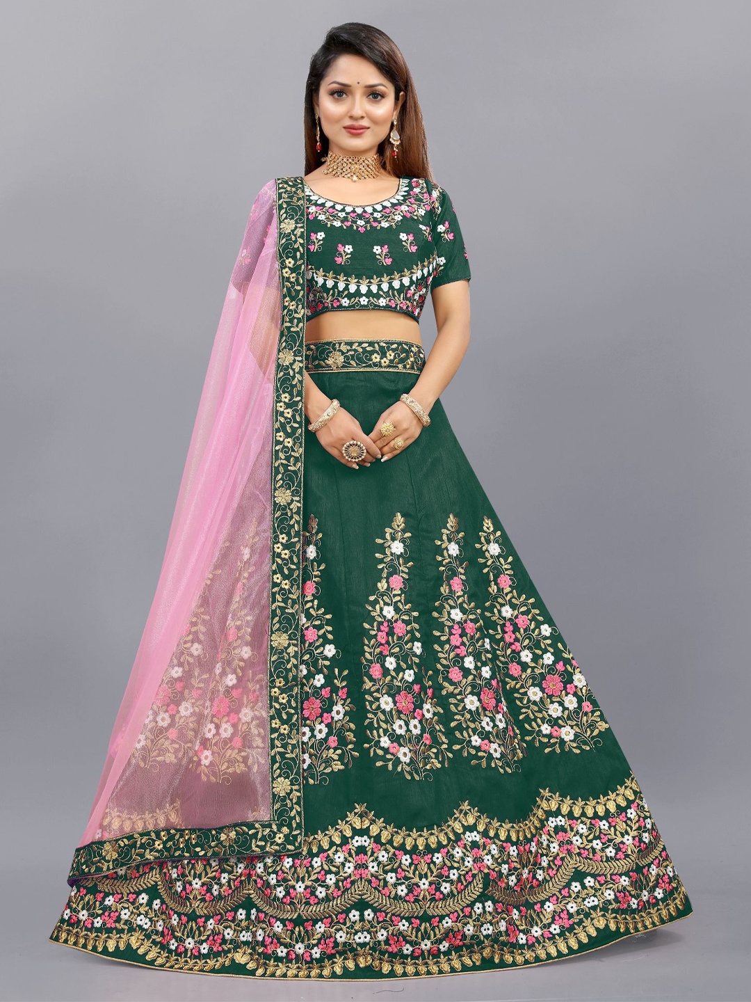 

APNISHA Embroidered Semi Stitched Lehenga & Unstitched Blouse With Dupatta, Green