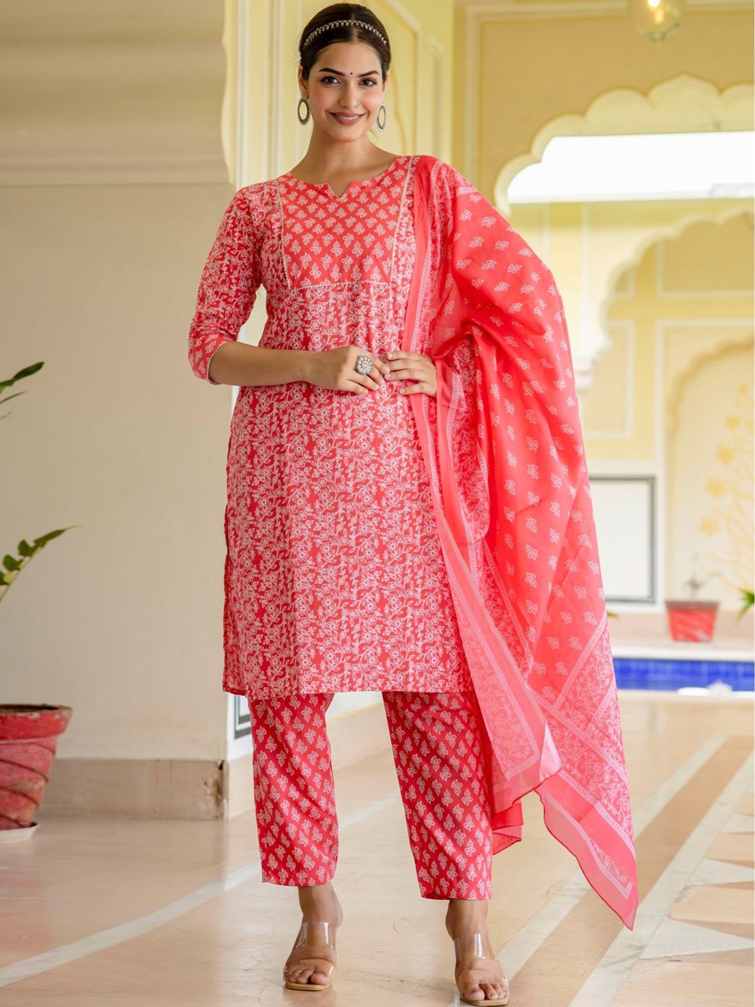 

Anouk Red Floral Printed Gotta Patti Straight Kurta With Trouser & Dupatta
