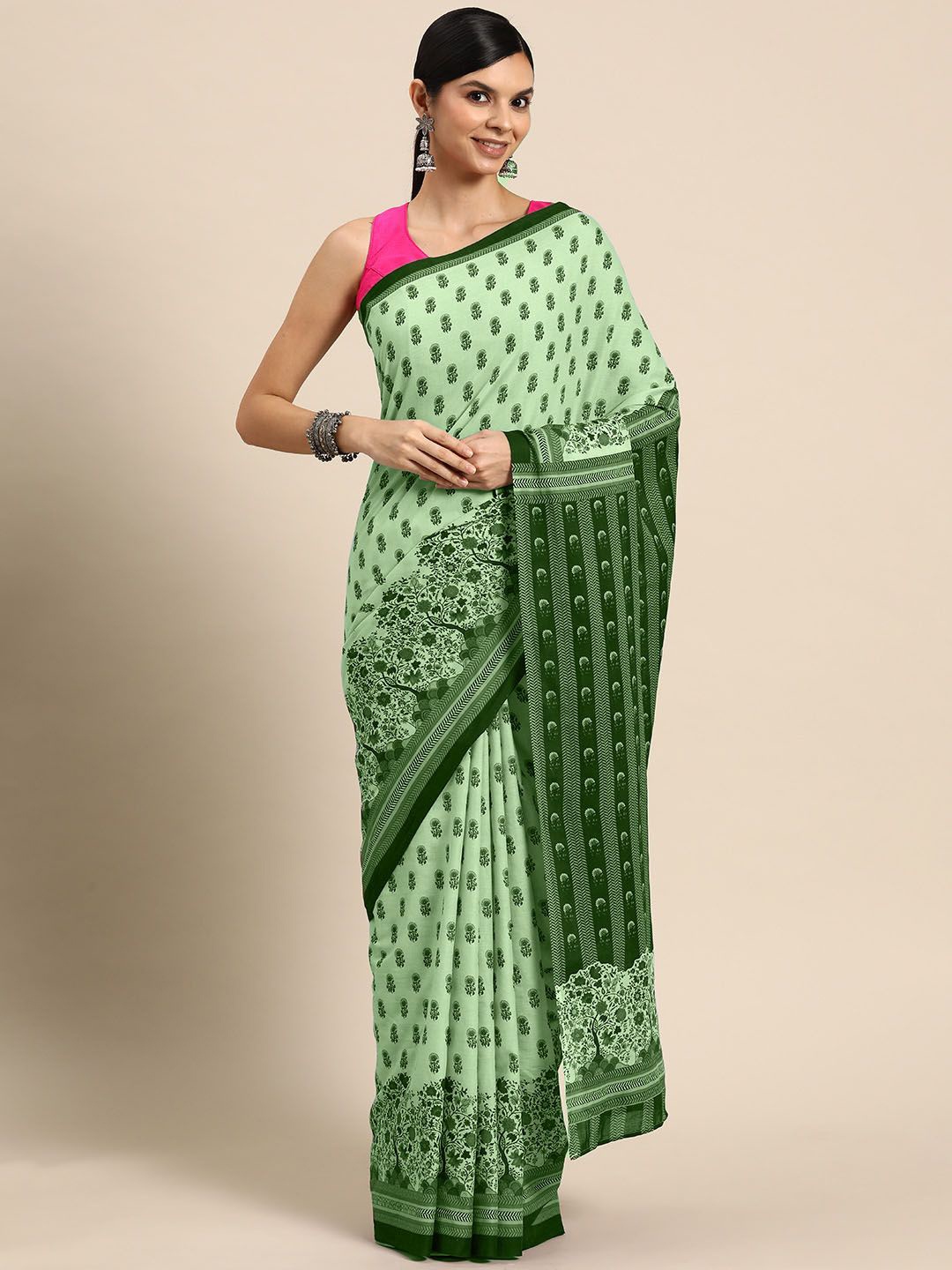 

BUTA BUTI Floral Printed Pure Cotton Saree, Green