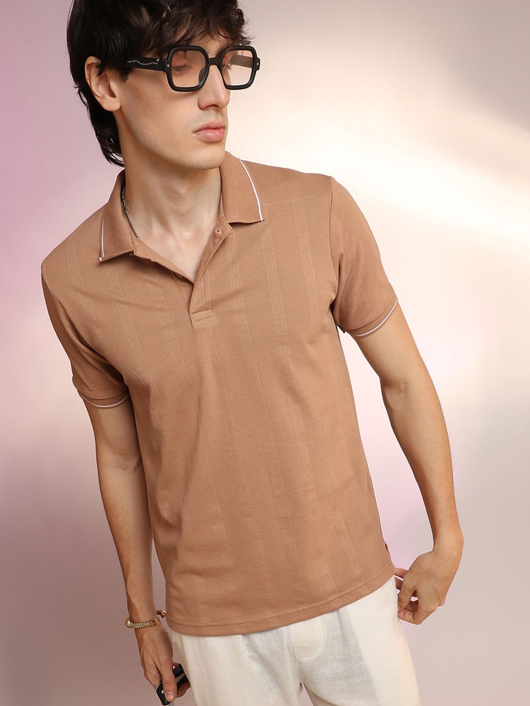 

Campus Sutra Men Solid Polo Collar Cotton T-shirt, Beige