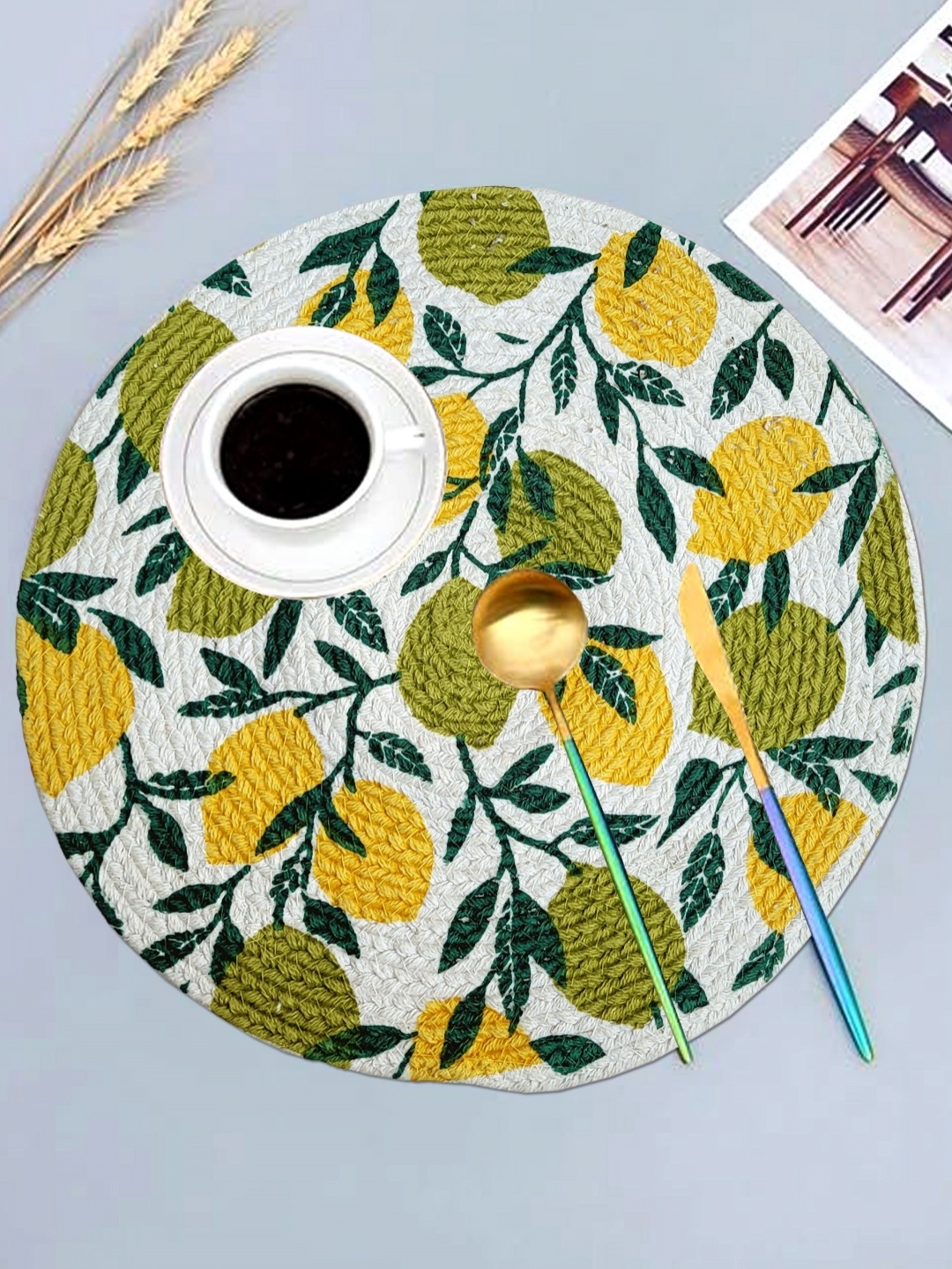 

ANA Green & Maroon 6 Pieces Leaf Printed Cotton Round Reversible Kitchen Placemats