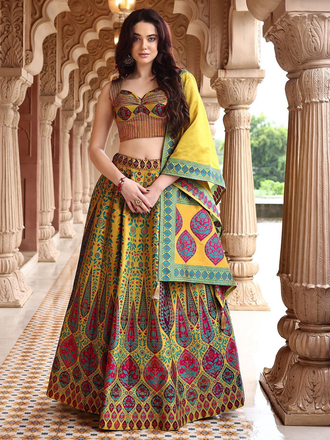 

PURVAJA Ready to Wear Lehenga & Unstitched Blouse With Dupatta, Lime green