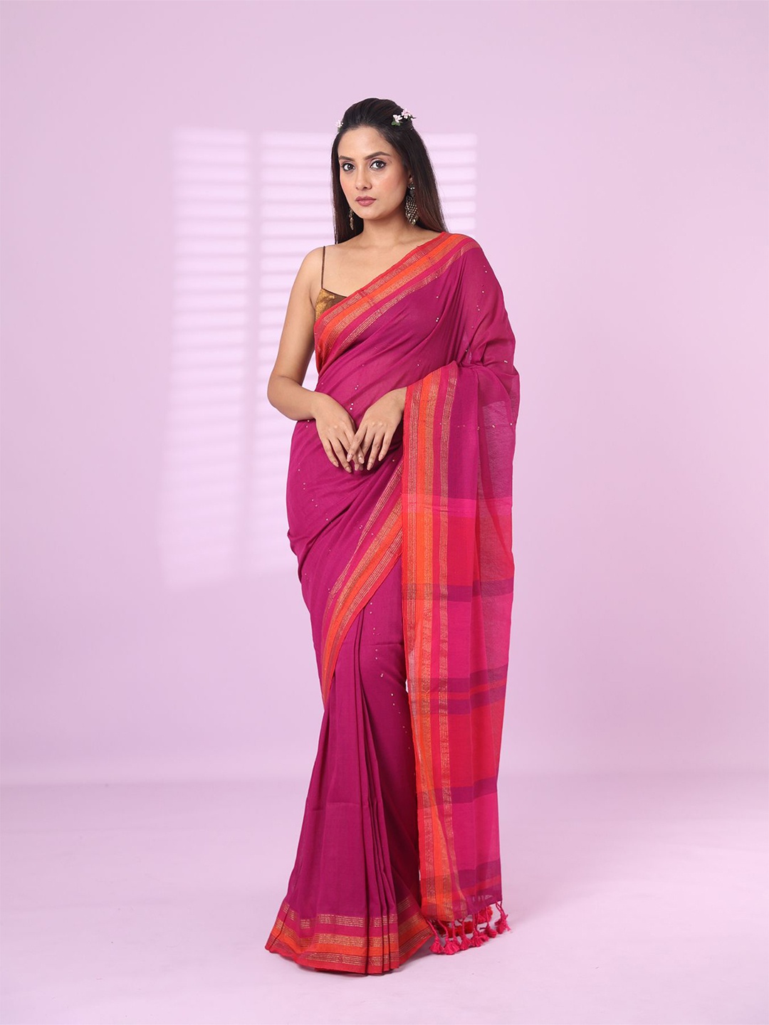 

Charukriti Striped Zari Pure Cotton Saree, Purple