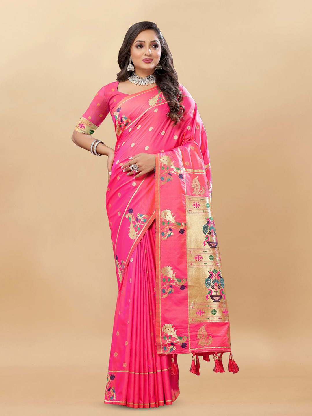 

MOKSHA DESIGNS Woven Design Zari Pure Silk Paithani Saree, Pink