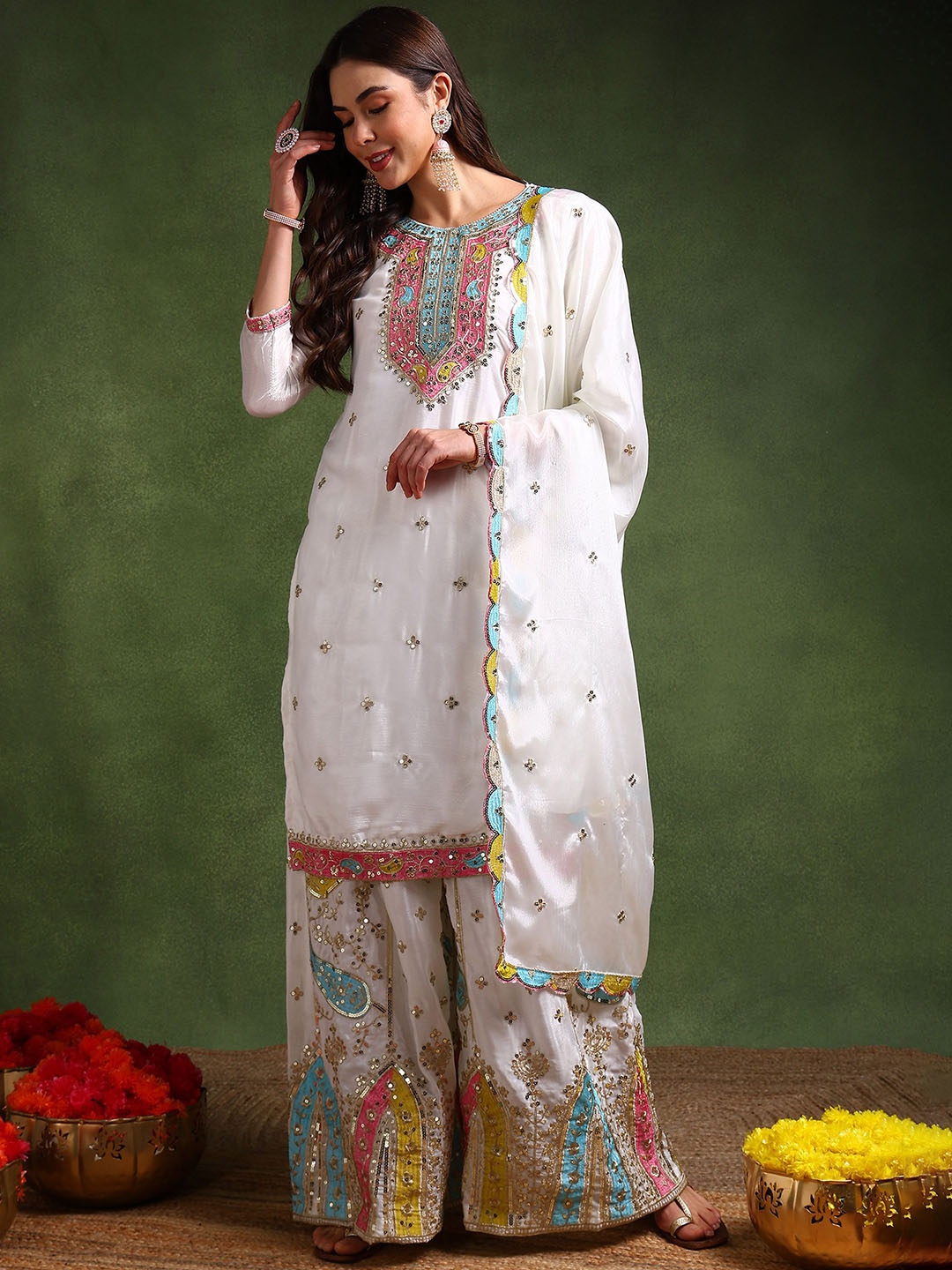 

BHARODIYA ENTERPRISES Floral Embroidered Sequinned Silk Chiffon Kurta & Sharara & Dupatta, White