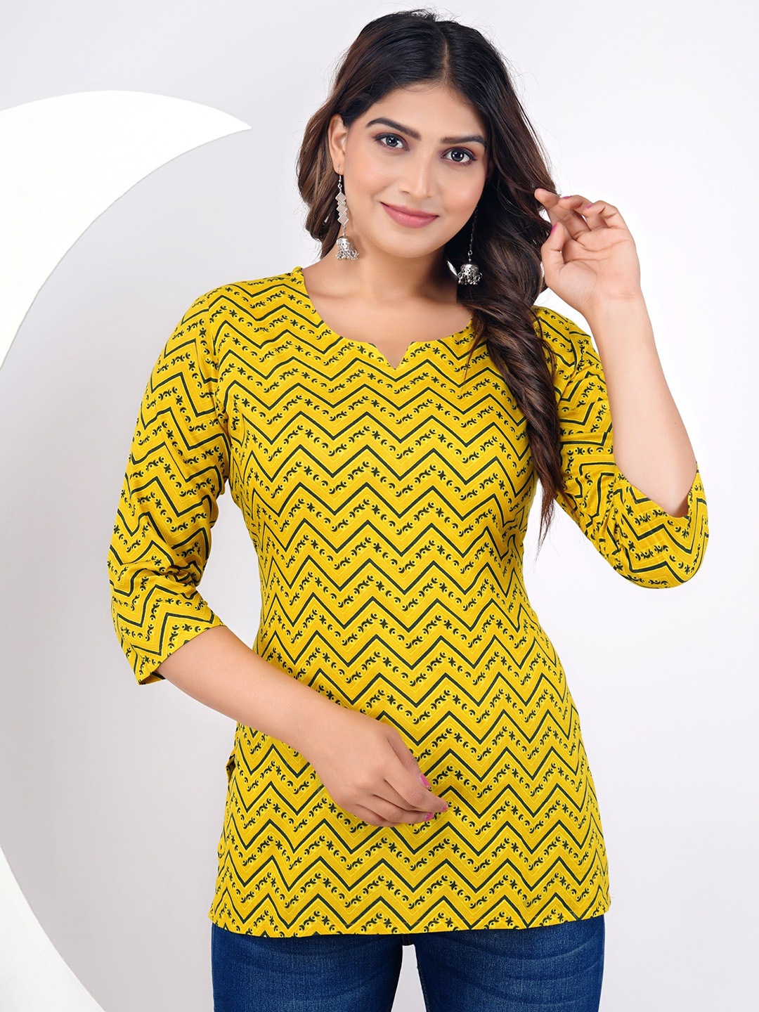 

AAYUMI Chevron Printed Round Neck Three-Quarter Sleeves Viscose Rayon Kurti, Mustard