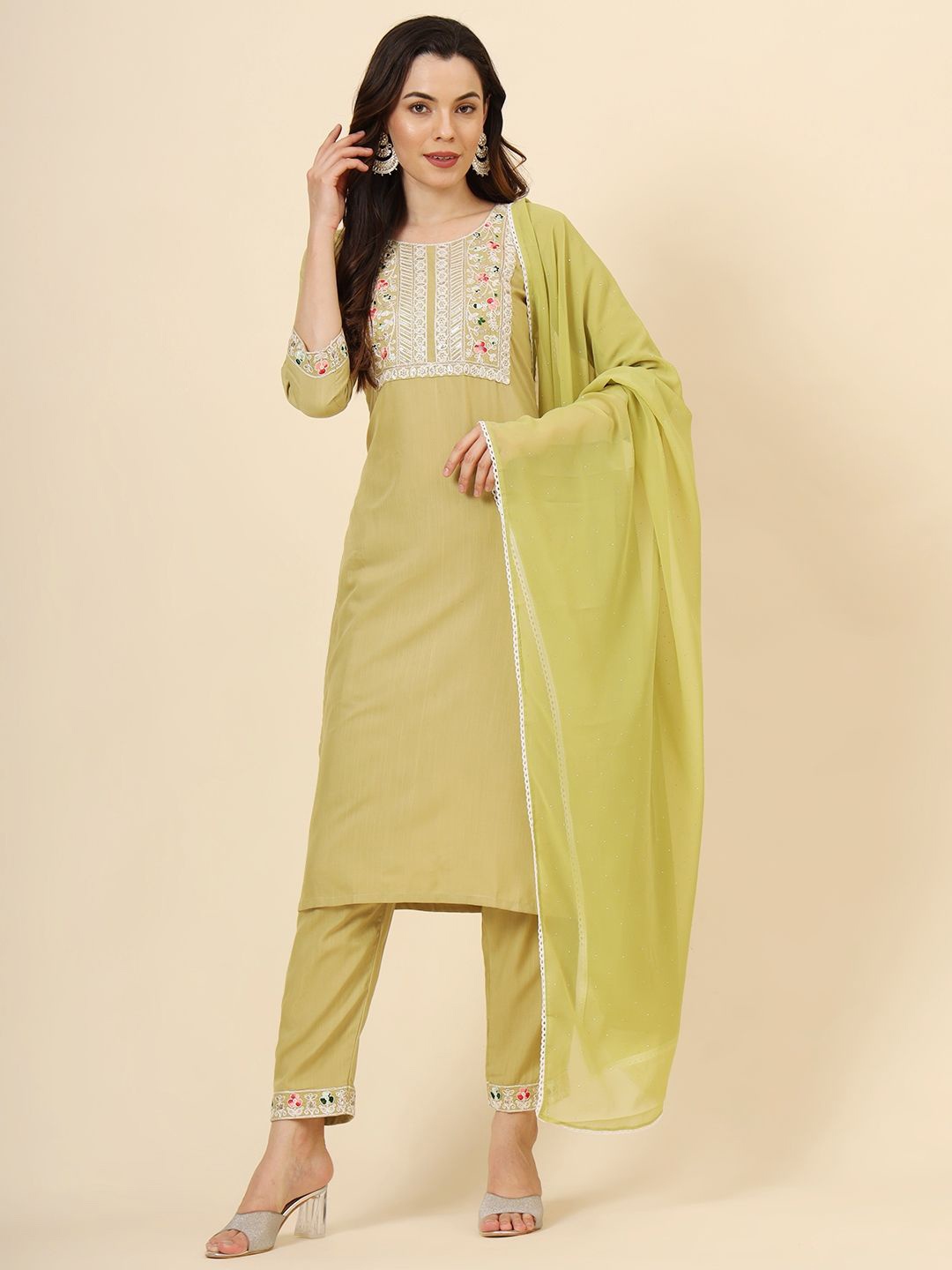 

VAIRAGEE Ethnic Motifs Embroidered Thread Work Straight Kurta with Trousers & With Dupatta, Olive