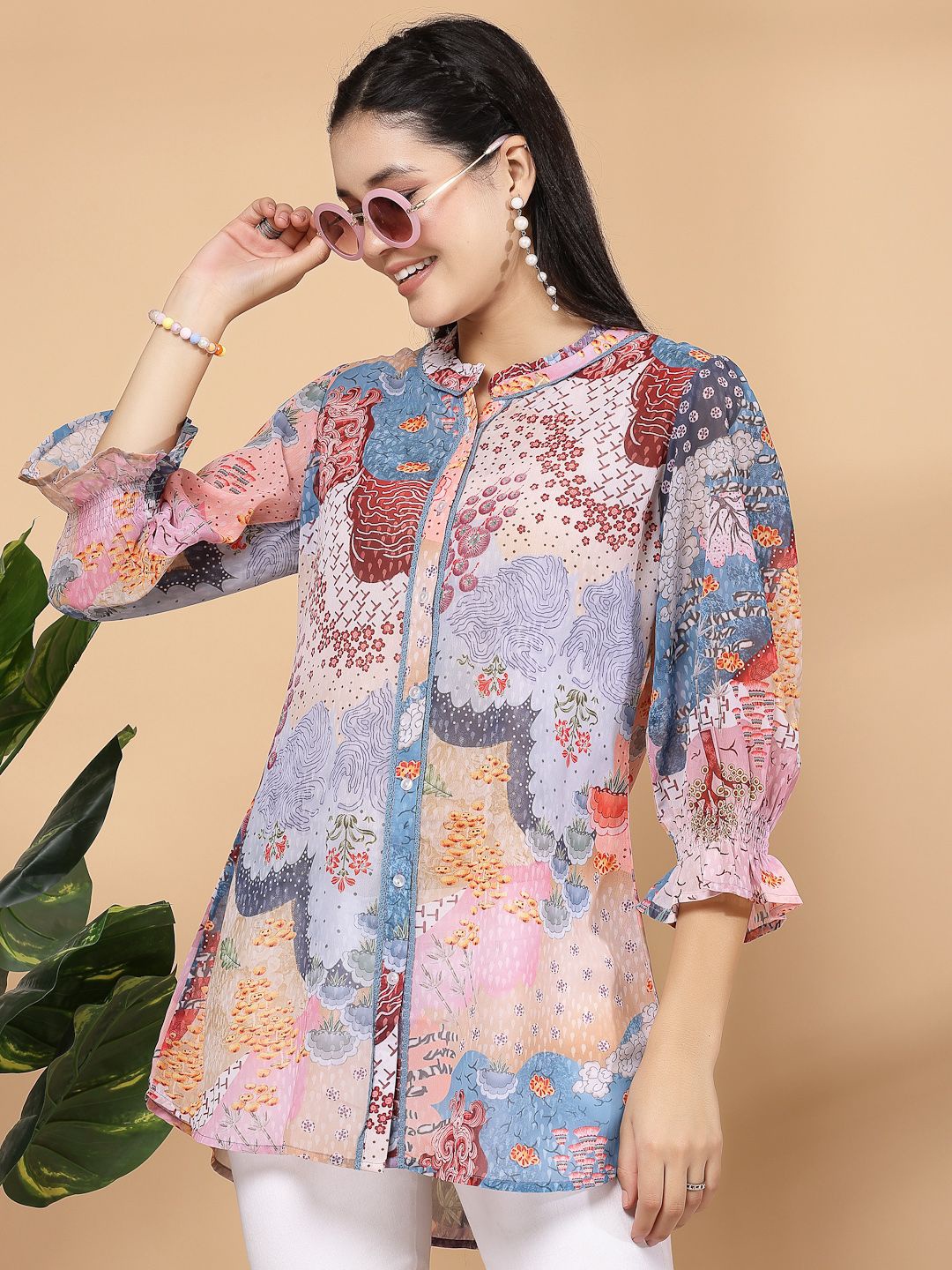 

Nayam By Lakshita Mandarin Collar Printed Tunic, Pink