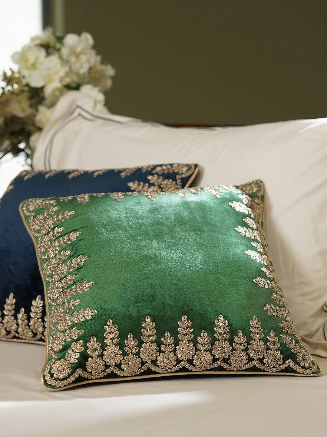 

Pure Home and Living Green & Gold-Toned Embroidered Velvet Square Cushion Covers