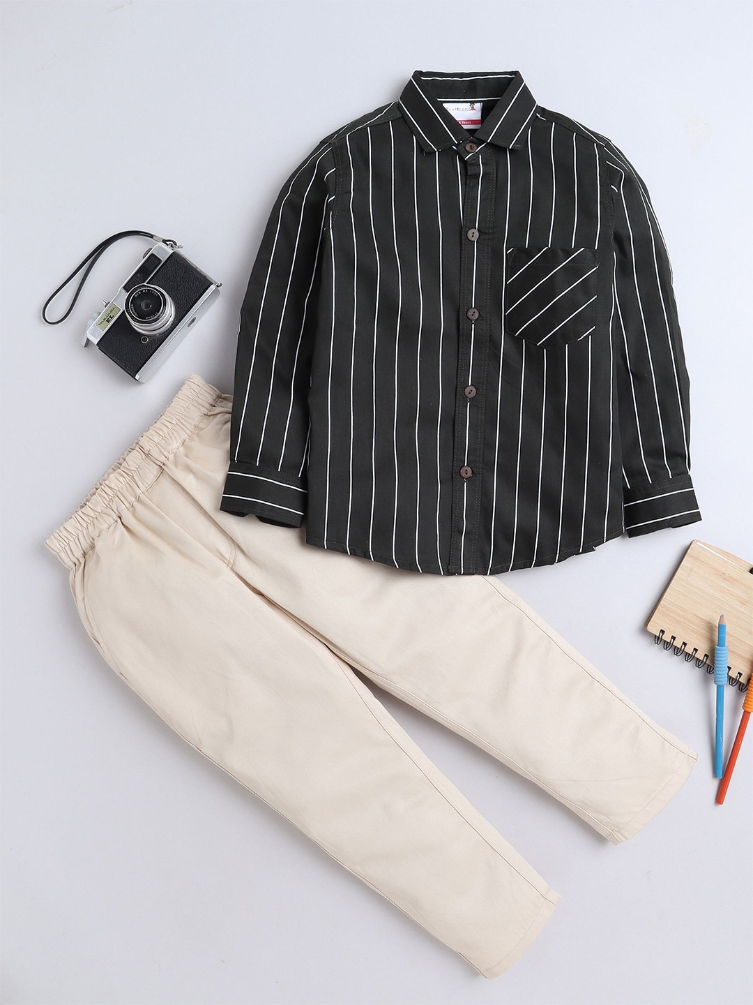 

BAATCHEET Boys Striped Cotton Shirt with Trousers, Black