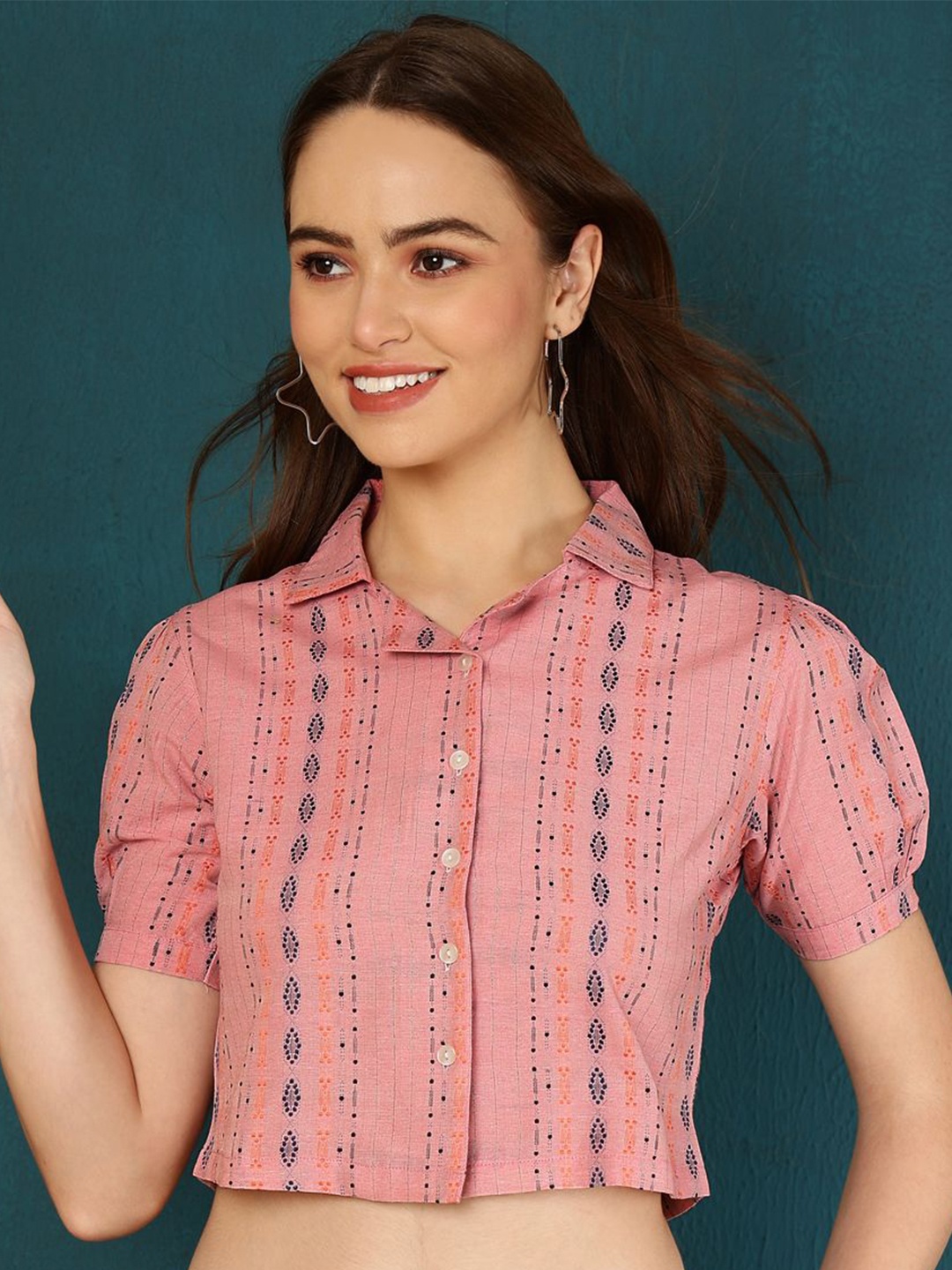 

AKIMIA Women Self Design Lapel Collar Cotton Top, Pink