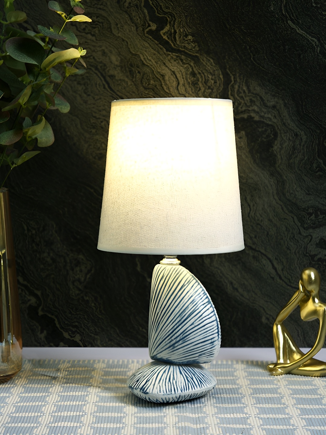 

TAYHAA White Printed Ceramic Cylindrical Shaped Table Lamp