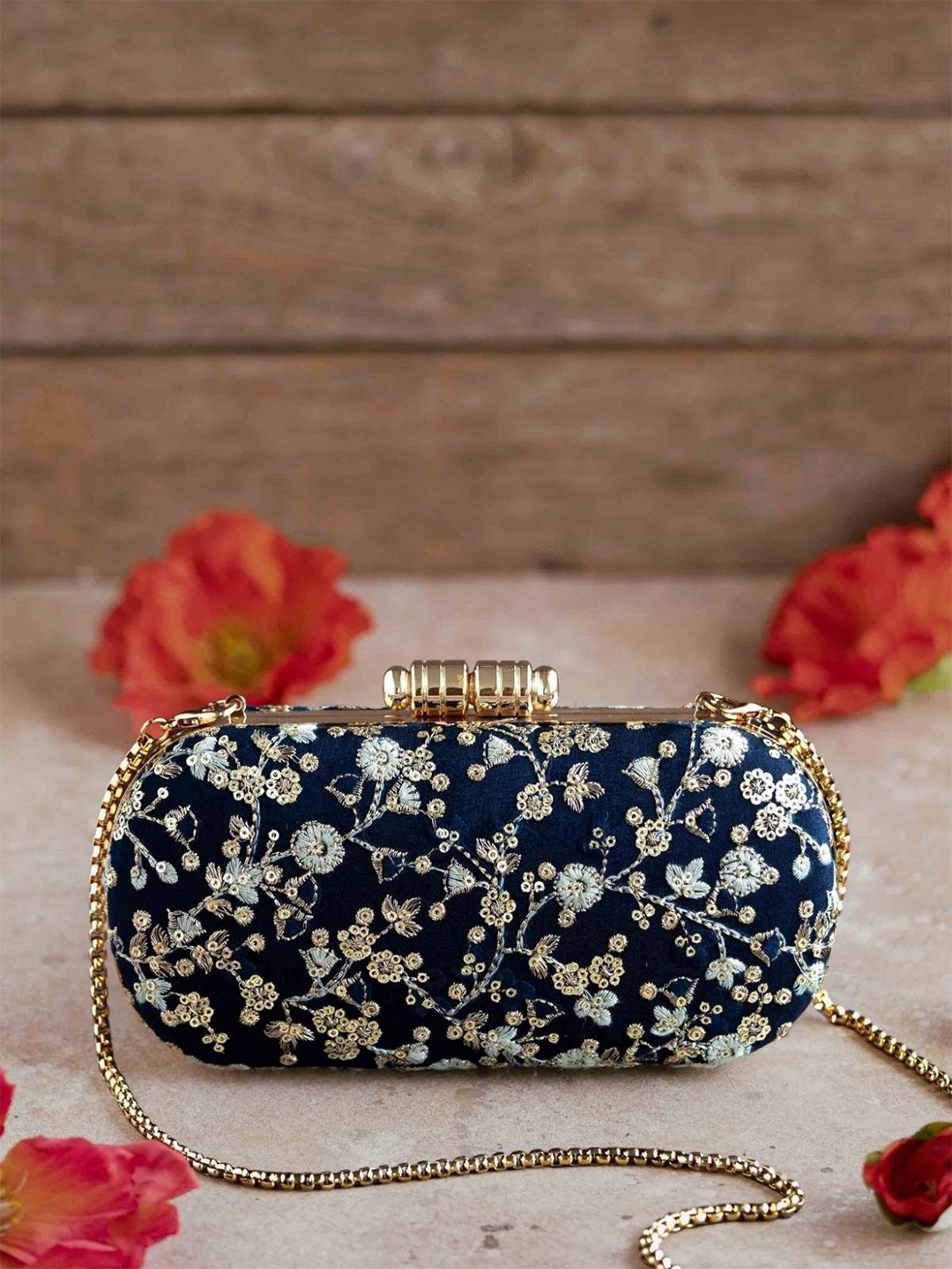 

AMYRA Floral Embellished Shopper Sling Bag, Navy blue