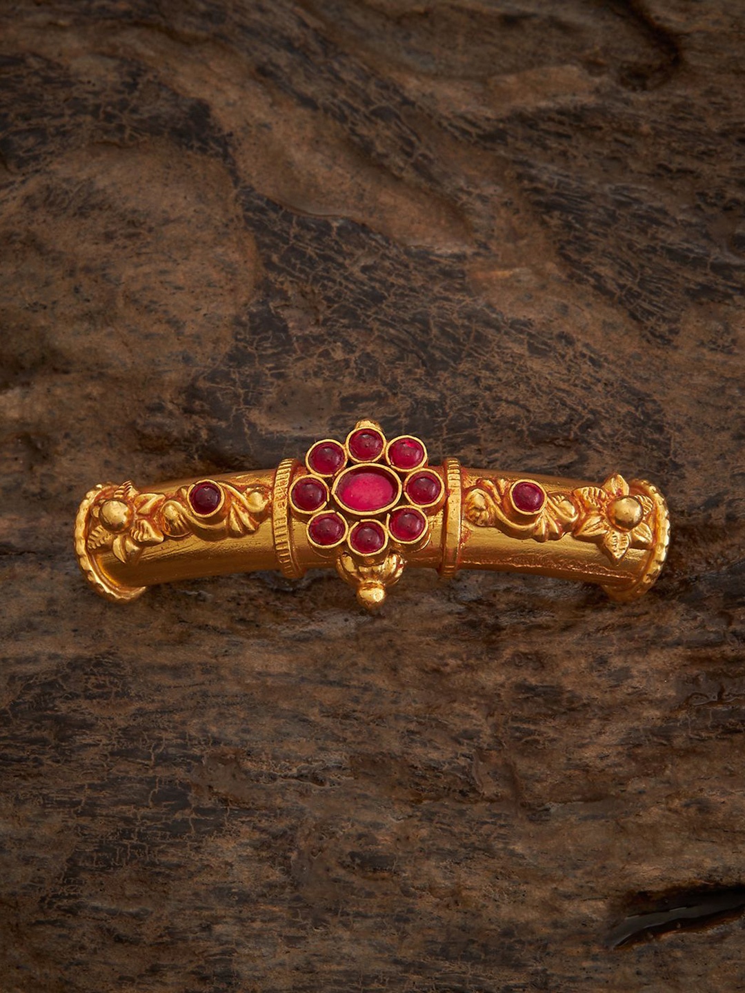 

Kushal's Fashion Jewellery 92.5 Pure Silver Gold-Plated Stone-Studded Temple Bangle