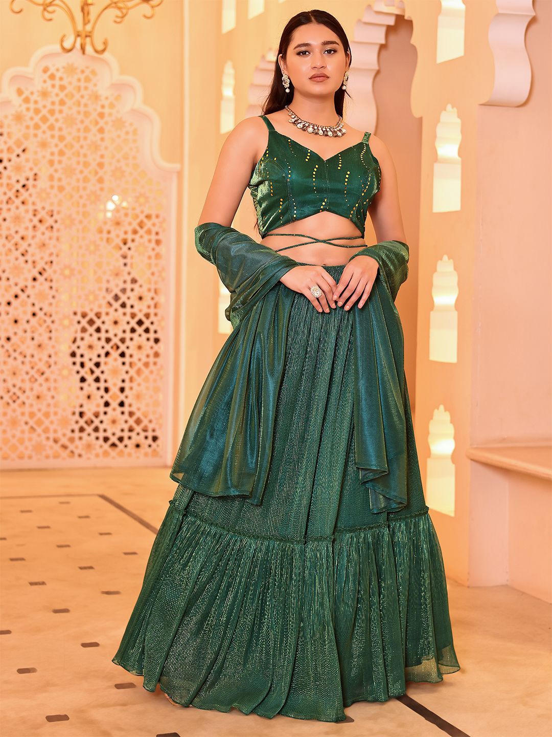 

PURVAJA Embellished Sequinned Ready to Wear Lehenga & Unstitched Blouse With Dupatta, Turquoise blue