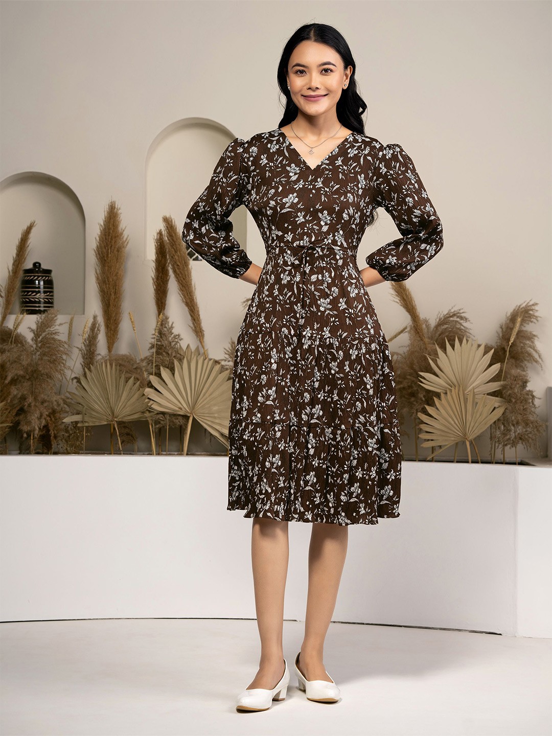 

AASK Floral Printed Tiered Fit & Flare Dress, Coffee brown