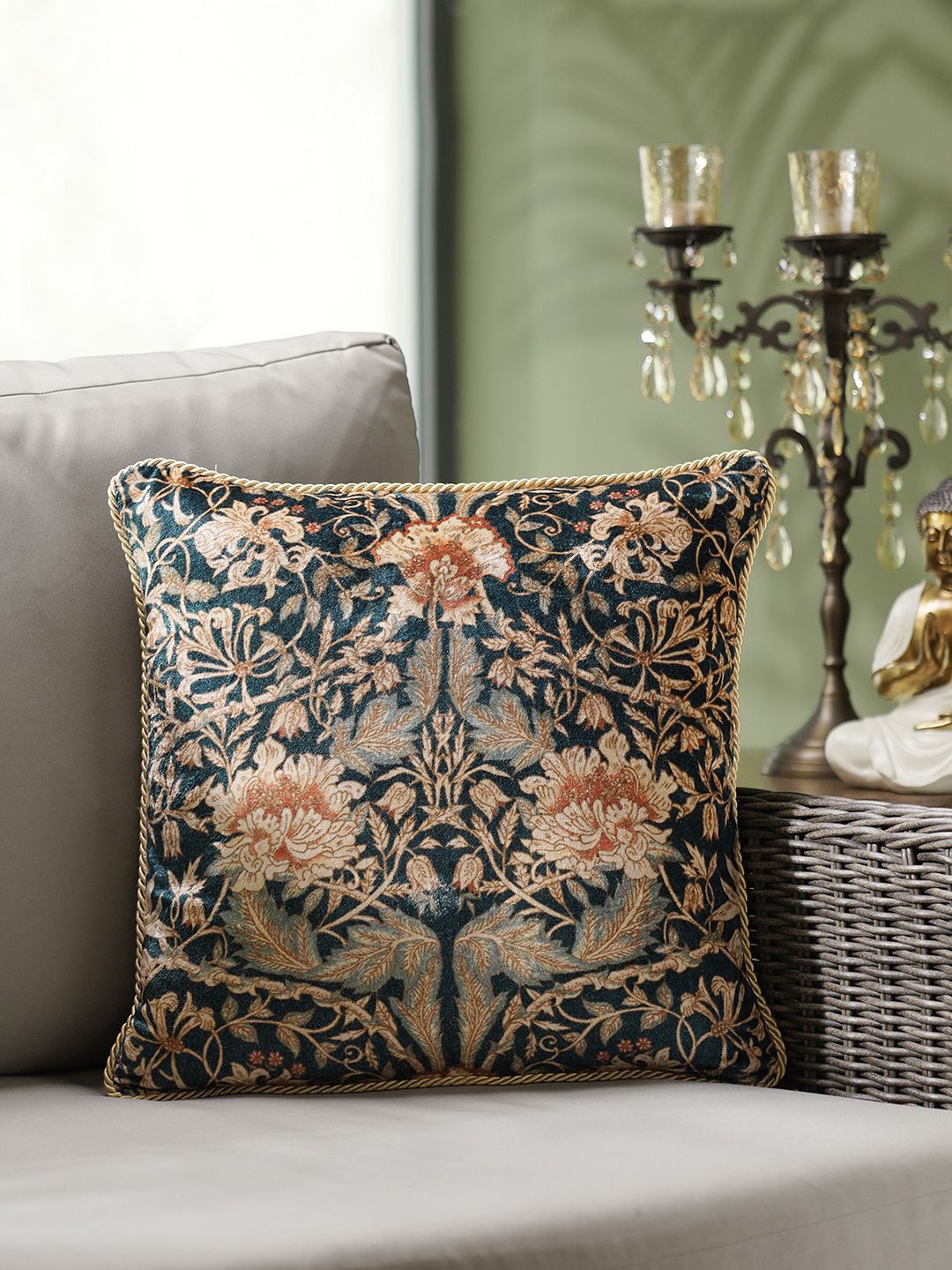 

Pure Home and Living Blue & Green Floral Velvet Square Cushion Covers
