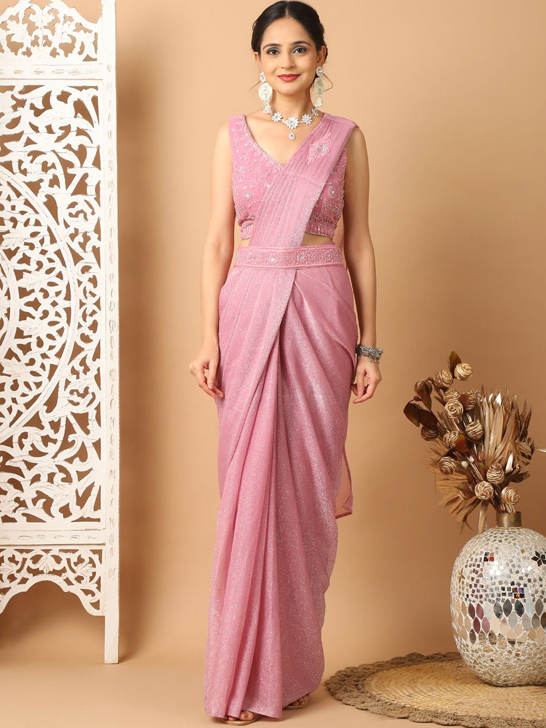 

Grancy Embellished Embroidered Ready to Wear Leheriya Saree, Pink