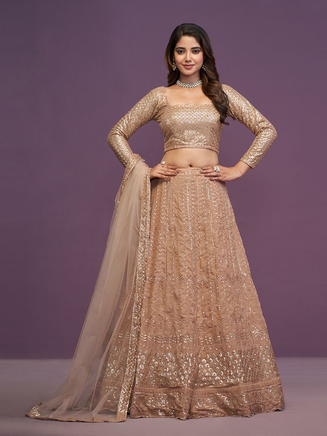

JIHU CULTURE Embroidered Sequinned Semi-Stitched Lehenga & Blouse With Dupatta, Brown