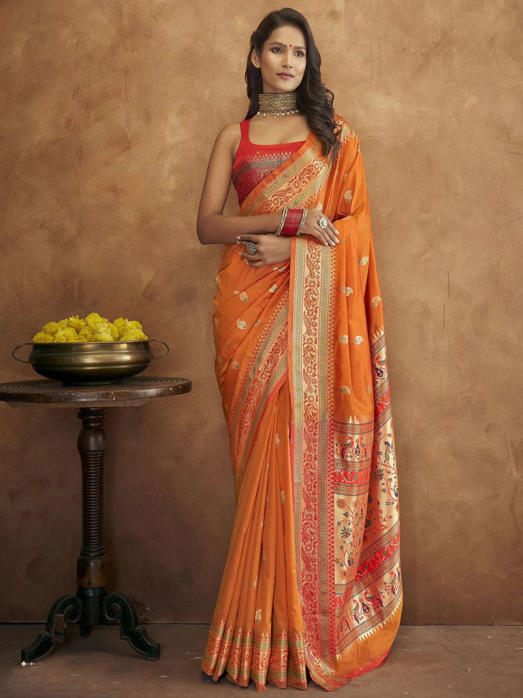 

MOKSHA DESIGNS Ethnic Motifs Woven Design Zari Pure Silk Paithani Saree, Orange