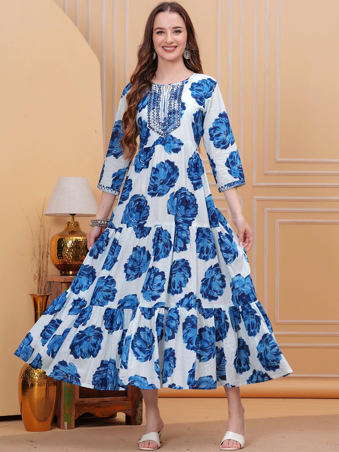 

FASHION DEPTH Floral Printed Mirror Work Pure Cotton Tiered Anarkali Kurta, Blue