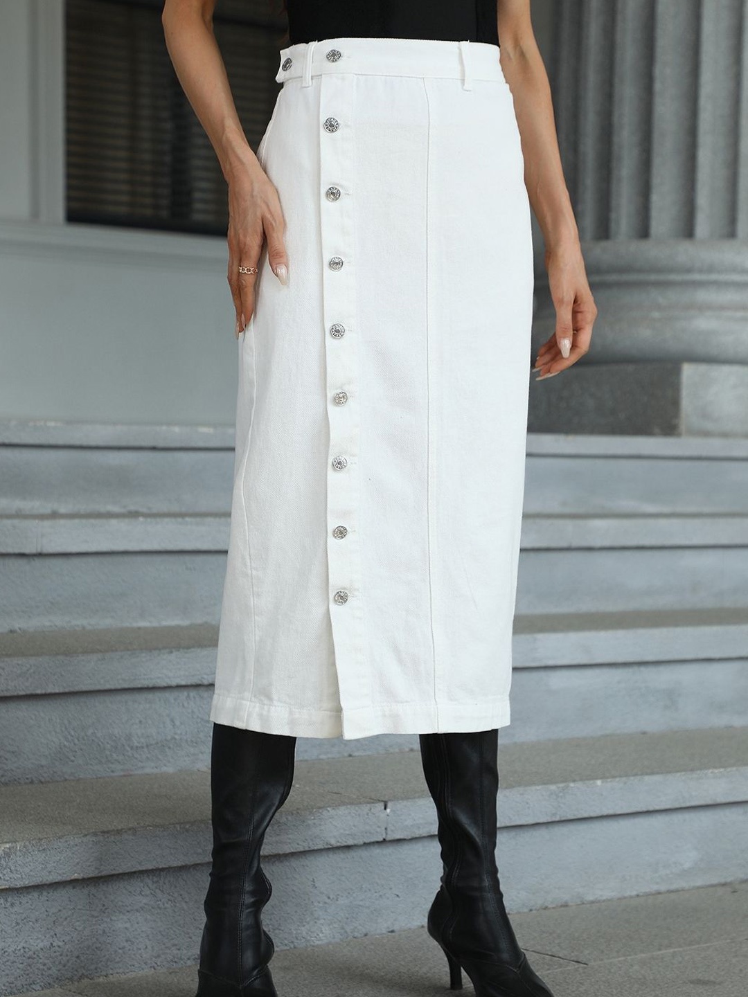 

KPOP Women Solid Midi Buttoned Straight Skirt, White