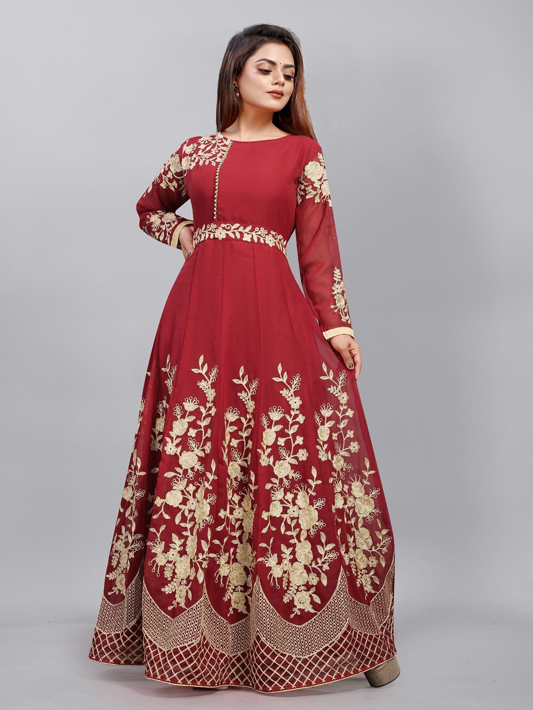 

Aika Floral Embroidered Georgette Fit & Flare Maxi Dress, Red