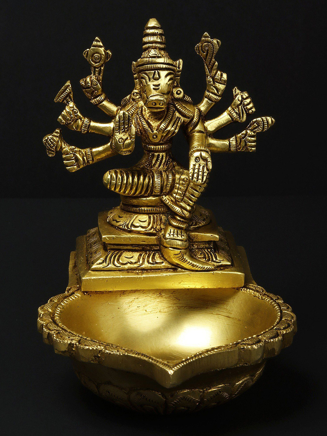 

Exotic India 6'' Hindu Goddess Varahi With Oil Lamp (Diya) in Brass, Gold