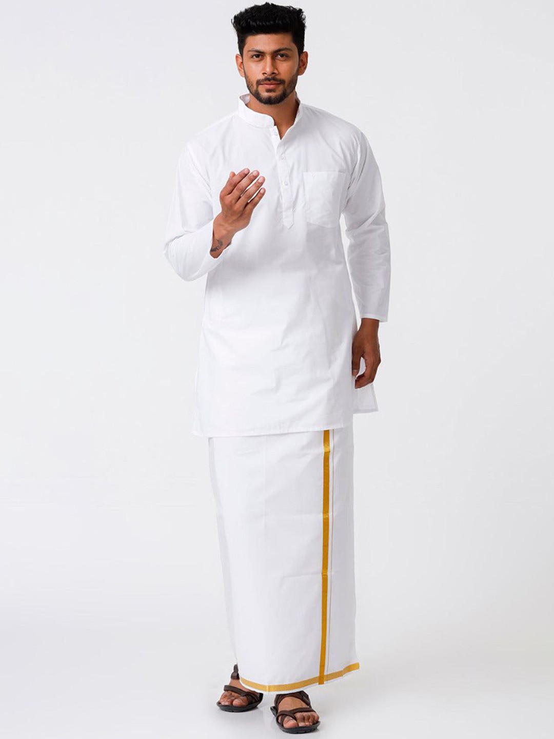 

Ramraj Mandarin Collar Pure Cotton Straight Kurta With Golden Zari Dhoti, White