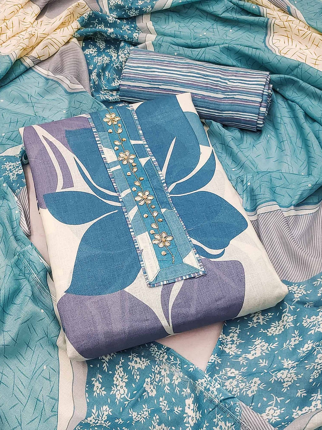 

Peachmode Floral Printed Beads & Stones Pure Cotton Unstitched Dress Material, Blue