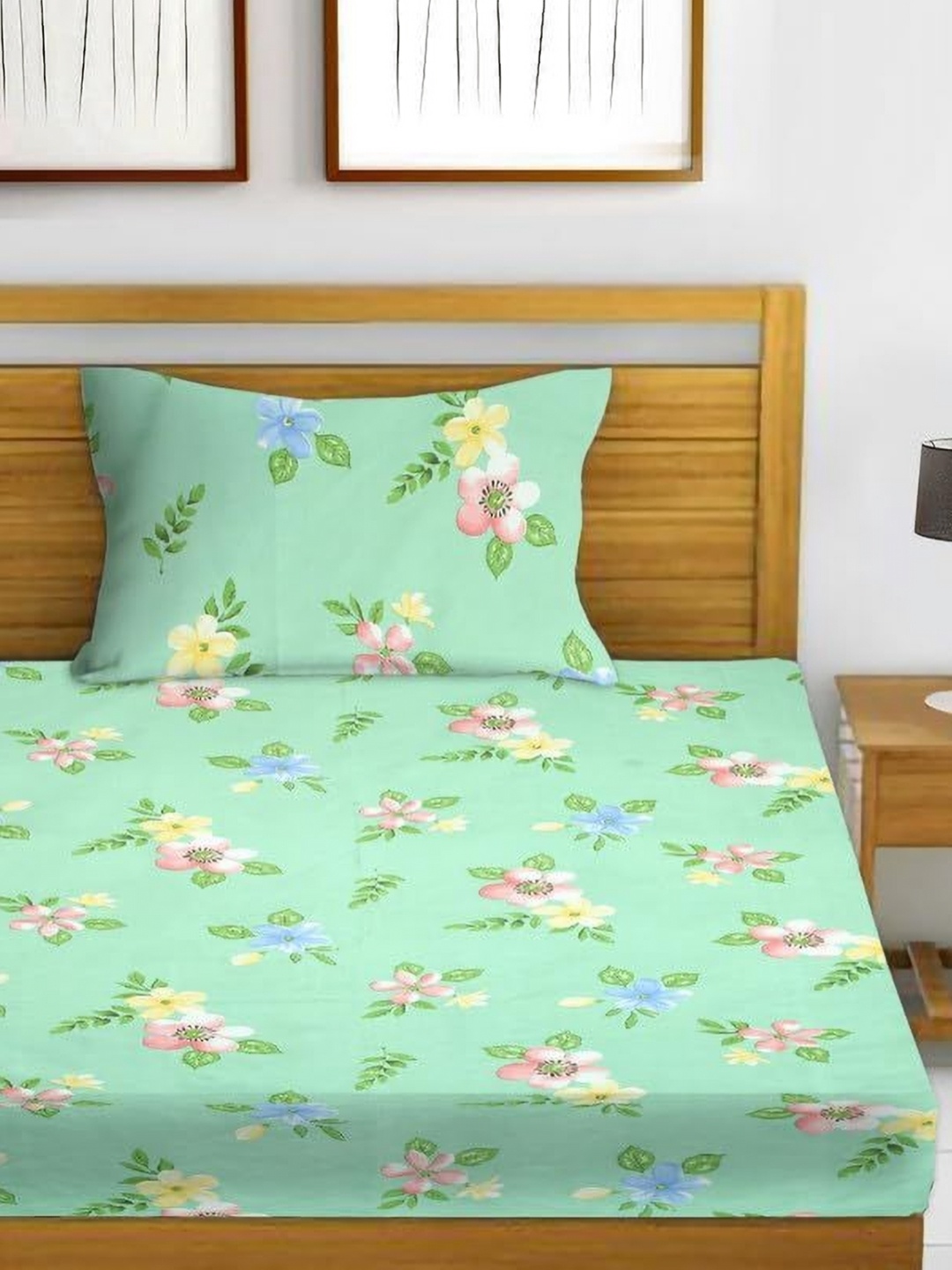 

MORADO Green & Pink Floral Printed 210 TC Single Bedsheet with 1 Pillow Cover