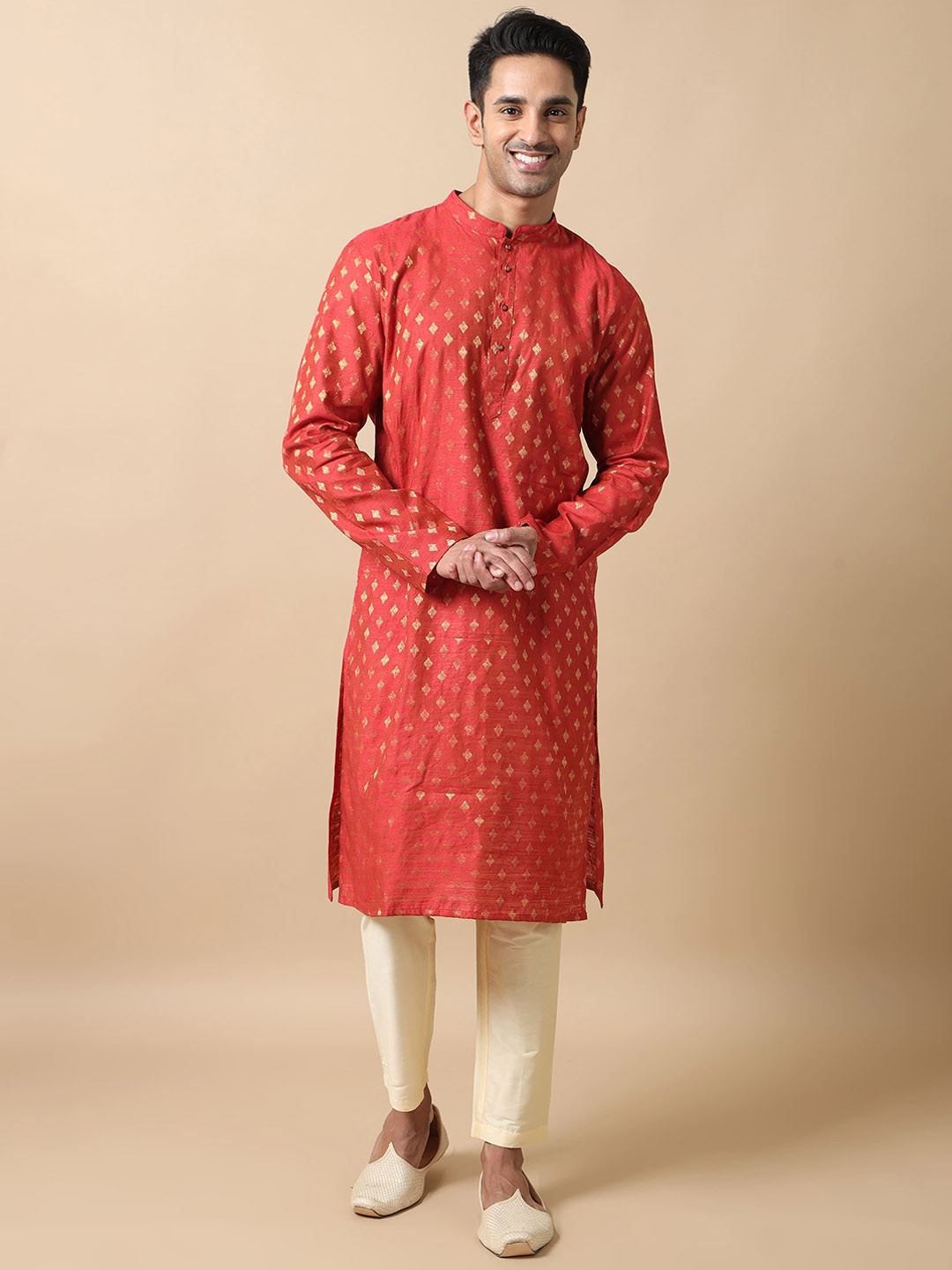 

FILORI Ethnic Motifs Woven Design Zari Jacquard Weave Straight Kurta with Pyjamas, Red
