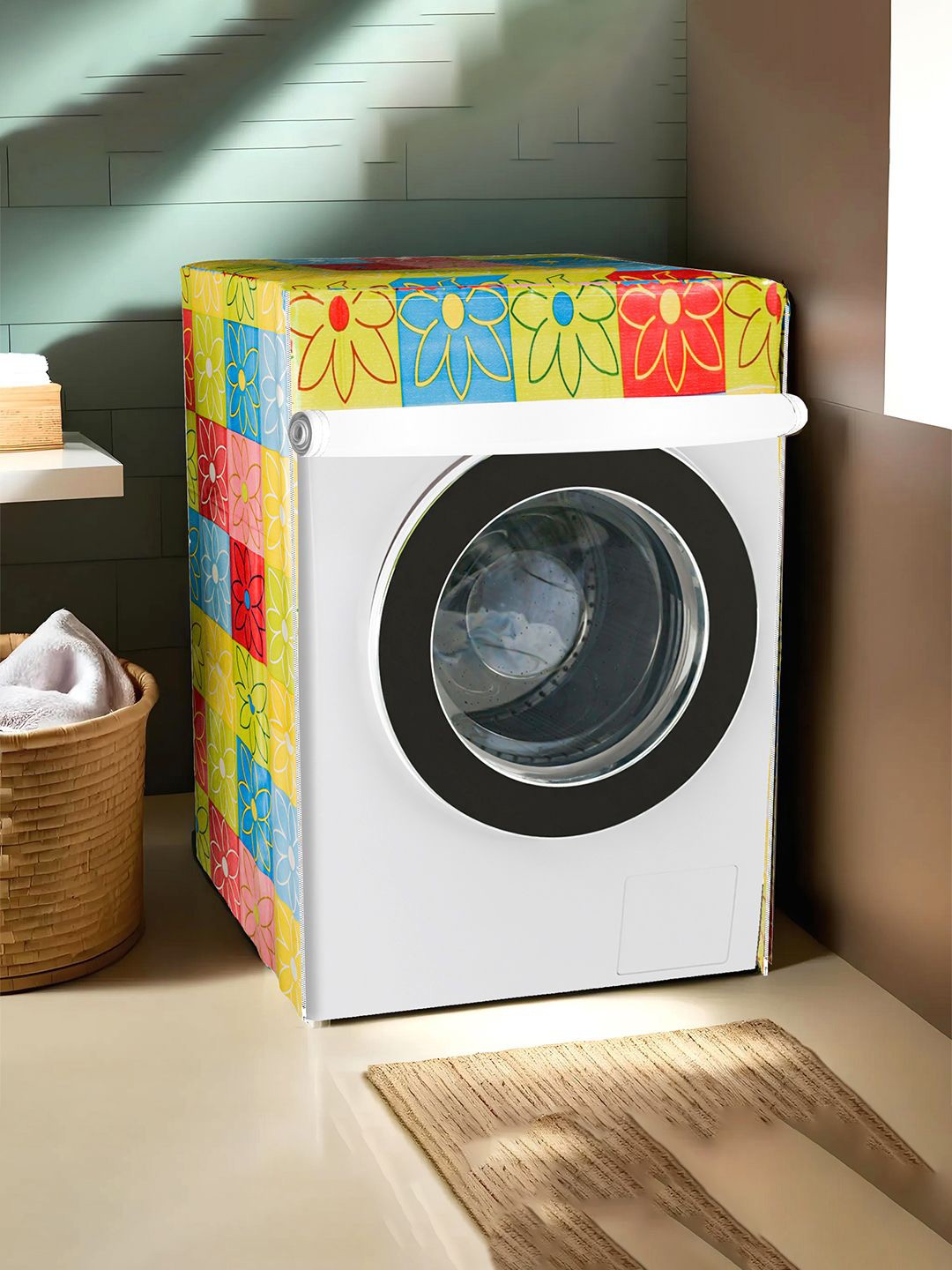 

Kuber Industries Green & Pink Printed Light Weight Front Load Washing Machine Cover