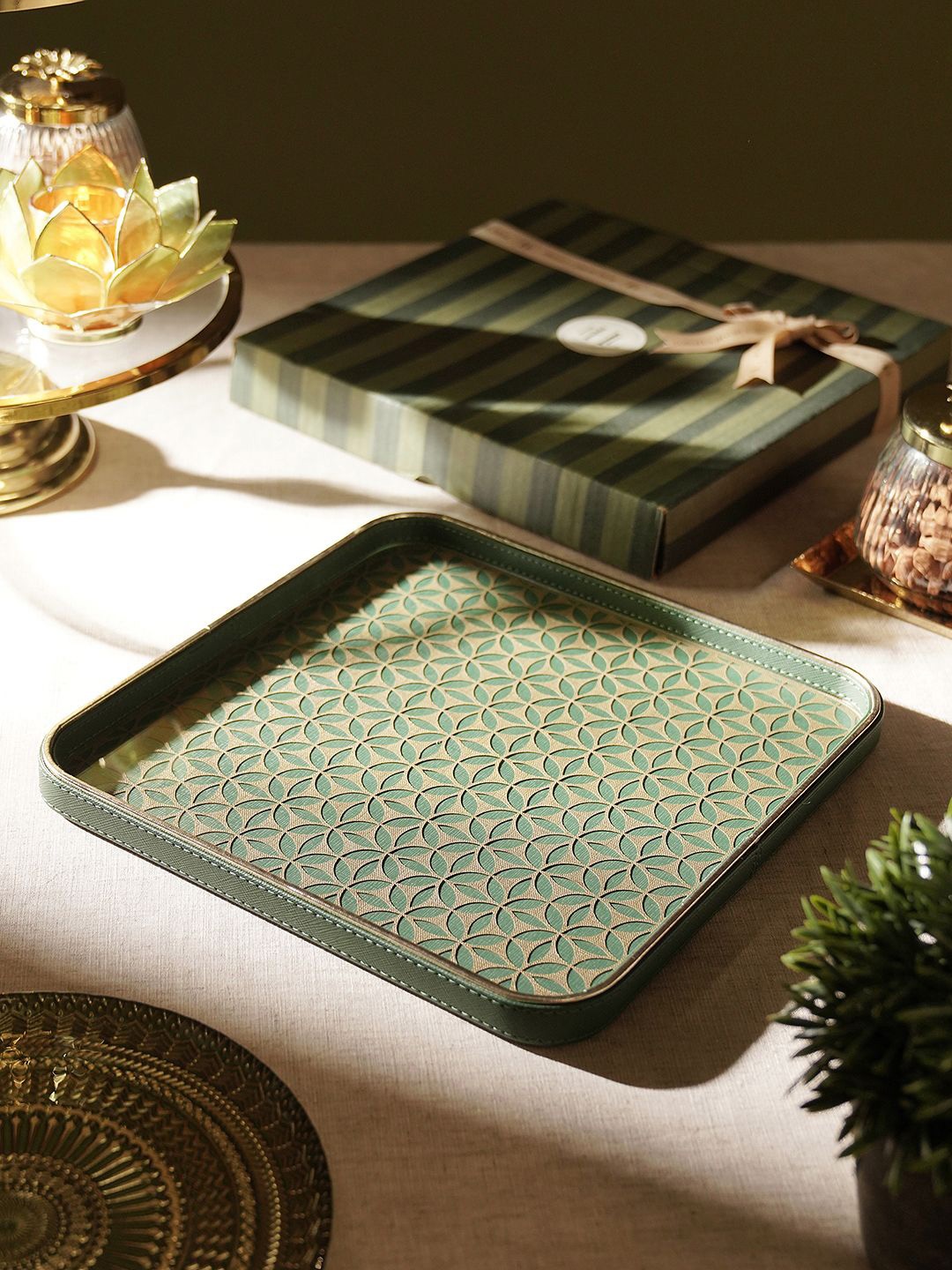 

Pure Home and Living Green Textured Faux Leather Serving Tray